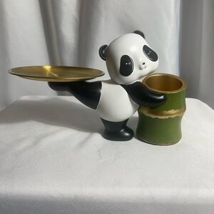 Panda Figurine with Gold Tray and Bamboo Holder Rare Find Key Tray Decor Accent